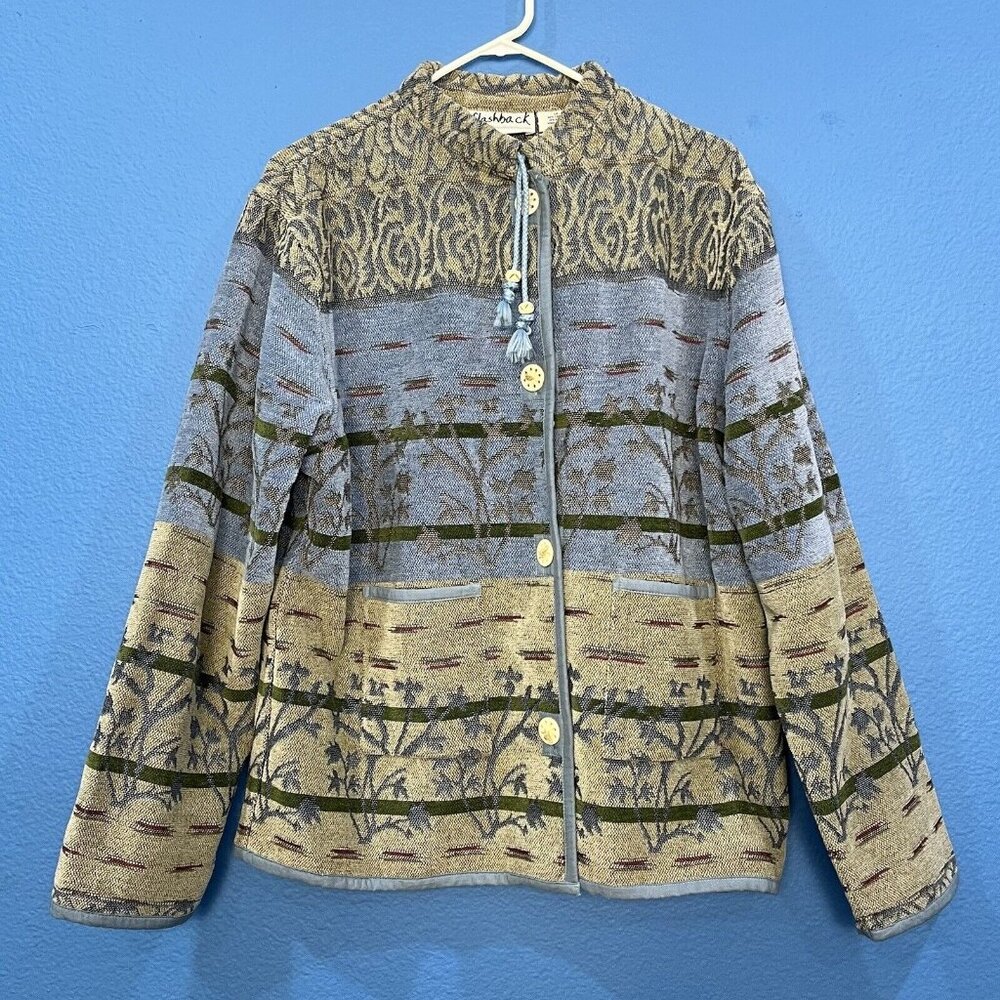 Flashback Blue Tan Tapestry Style Southwest Plant Design Jacket Women Size 1X - Picture 2 of 16